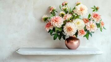 A vase of flowers sitting on a shelf photo