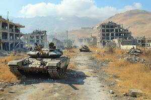 A tank is driving down a dirt road in front of a destroyed building photo
