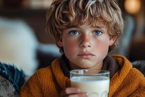 A young boy is holding a glass of milk photo