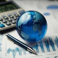 Globe, pen, calculator and financial documents photo