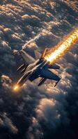 A fighter jet flying through the clouds photo