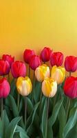 Red, yellow and white tulips on a yellow background photo