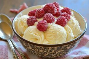A bowl of ice cream with raspberries and a spoon photo