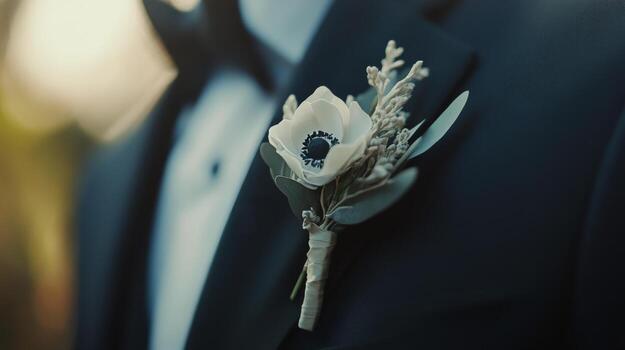 A man in a tuxedo with a flower on his lapel photo