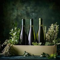 Three bottles of wine in a box with herbs photo