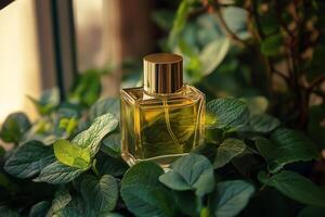 A bottle of perfume sits on top of a plant photo