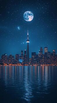 The toronto skyline at night with a full moon photo
