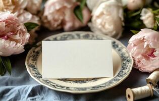 Blank card on a plate with flowers photo