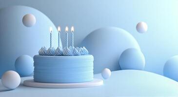 Blue birthday cake with candles on top of a blue background photo