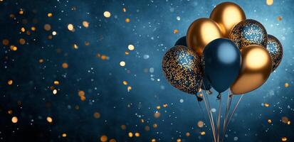 Gold and blue balloons on a blue background photo