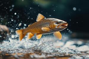 A brown trout is jumping out of the water photo