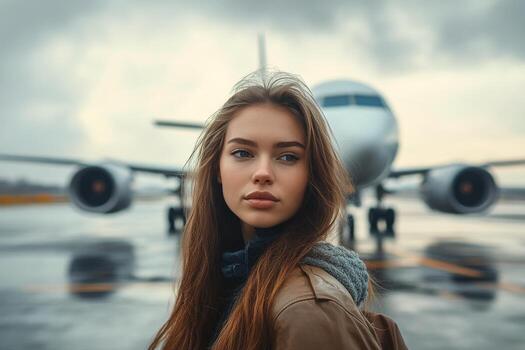 un mujer es en pie en frente de un avión foto
