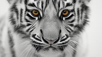 A black and white photo of a white tiger