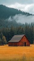 An old red barn sits in a field with trees and mountains photo