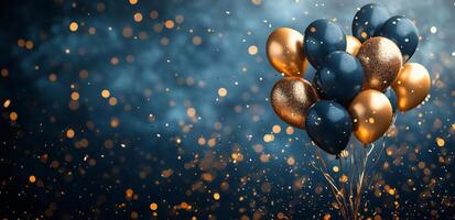 Gold and blue balloons on a blue background photo