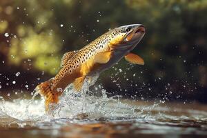 A brown trout jumping out of the water photo