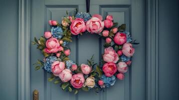 A wreath of pink and blue flowers on a door photo