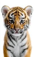 A tiger cub is standing in front of a white background photo