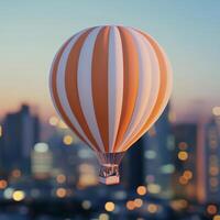 An orange and white hot air balloon flying over a city photo