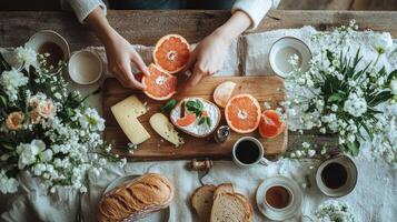 A woman is cutting up fruit and cheese on a table photo