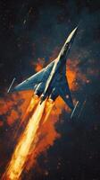 A fighter jet flying through the air with flames coming out of it photo