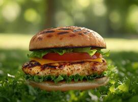 A chicken burger sitting on top of a green grass photo