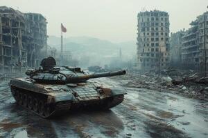 A tank is driving through a city with buildings in the background photo