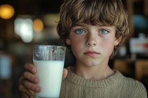 A young boy holding a glass of milk photo