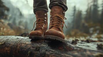 A person wearing brown boots standing on a log photo