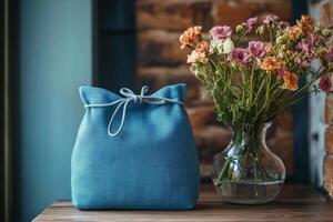 A blue bag with flowers sitting on a table photo