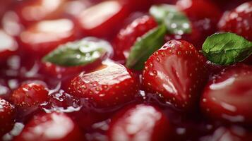 A close up of strawberries with leaves on them photo