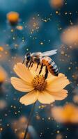 Bee on yellow flower with yellow pollen flying around photo