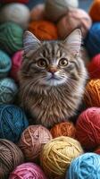 A cat surrounded by balls of yarn photo
