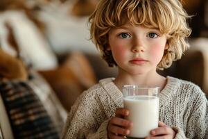 A young boy holding a glass of milk photo