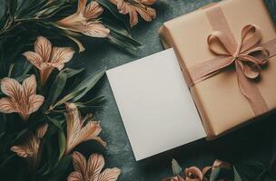 Gift box with flowers and blank card on dark background photo