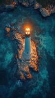 An aerial view of a lighthouse on a rocky island photo