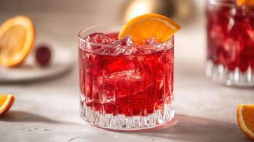 A red drink with orange slices on the side photo