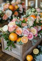 A wooden box filled with flowers and oranges photo