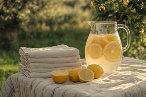 A pitcher of lemonade and towels on a table photo