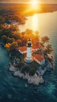 An aerial view of a lighthouse on an island photo