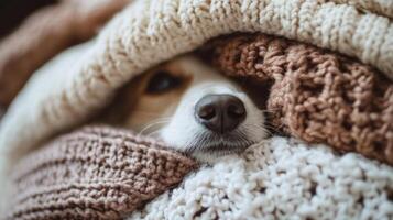 A dog is hiding under a blanket photo