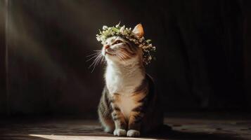 A cat wearing a flower crown in a dark room photo