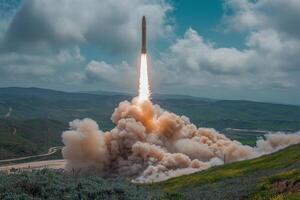 A rocket launches from a hillside photo