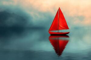 A red sailboat floating on a calm lake photo
