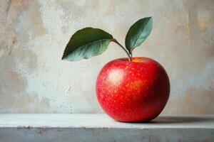 A red apple with a leaf on top of a table photo