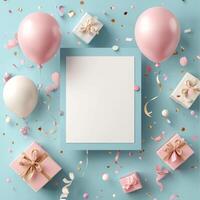 Blank white frame with pink balloons and confetti on a blue background photo