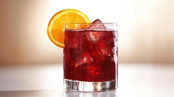 A red drink with an orange slice photo
