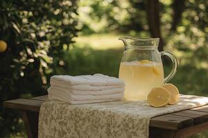 A pitcher of lemonade and towels on a table photo