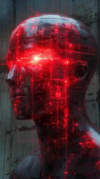 A man with glowing red eyes and a red head photo