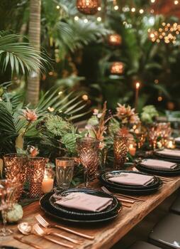 A tropical wedding table setting with palm trees and candles photo